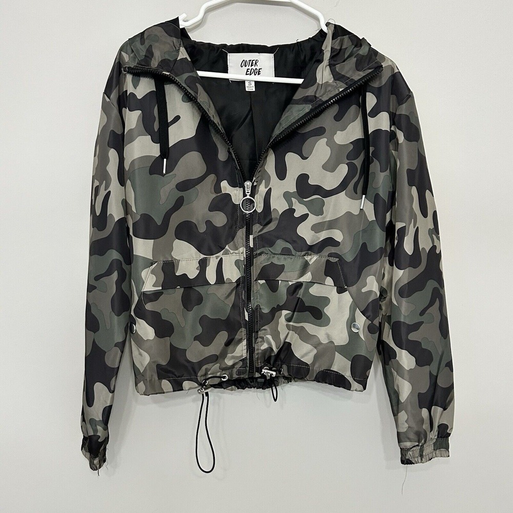 Outer Edge Windbreaker‎ Womens Small Green Camo Hooded Zip Up Utility Jacket